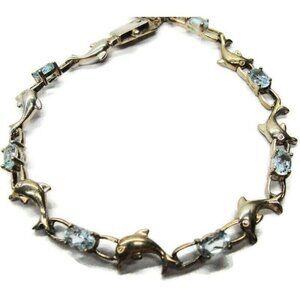 Dolphin Vintage 925 Sterling Silver Blue Aquamarine Bracelet Han China 8in
